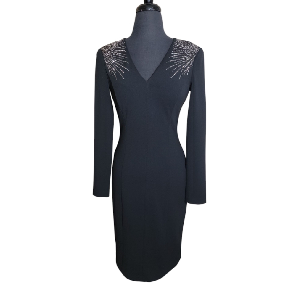 Calvin Klein black v neck sheath dress gem embellished shoulders women's Size 2